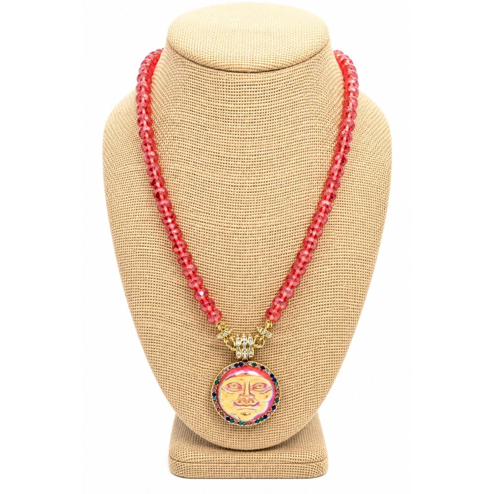 VINTAGE SUN FACE Necklace Red Crystal Beads Iridescent Rhinestone Celestial